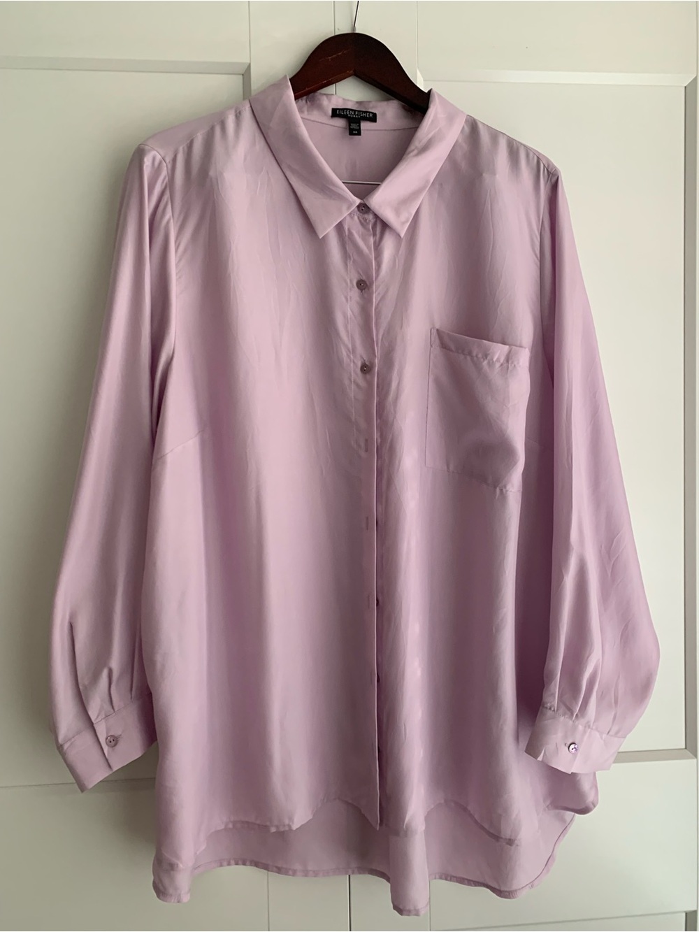 Eileen Fisher 100% Silk classic collar light Lavender Button down Blouse 3XL